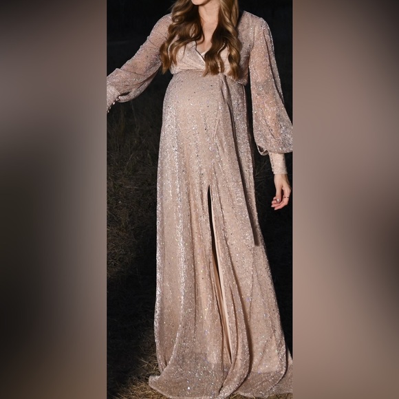 Baltic Born Abigail long sleeve sparkle gown in Champaign size x small - Picture 9 of 9